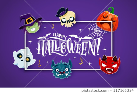 Halloween banner with funny cartoon emoji holiday characters. Devil, skull and bat, ghost, pumpkin and witch kawaii playful faces. Vector greeting card with cute funny spooky emoticon personages 117165354