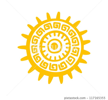 Aztec or Mayan totem symbol of sun, Maya and Inca ancient tribal vector icon. Mexican culture and art of native Mayan and ethnic Aztec totem symbol of sacred sun for tribal tattoo ornament 117165355