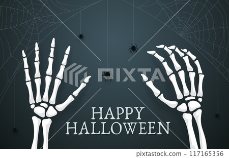 Halloween skeleton hands with spiders and cobweb vector banner of horror holiday trick or treat party. Scary bone arms of Halloween monster, white silhouette of human skeleton hands on dark background Halloween skeleton hands with spiders and cobweb vector banner of horror holiday trick or treat party. Scary bone arms of Halloween monster, white silhouette of human skeleton hands on dark background 117165356