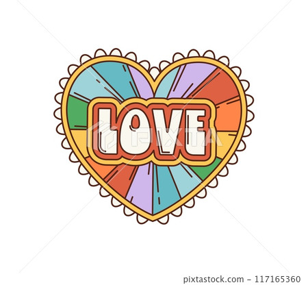Cartoon retro groovy love heart with rainbow, vibrant, psychedelic colors and daisy flower petals. Isolated vector symbol encapsulates free spirit of the 60s and 70s hippie movement or Valentines day 117165360