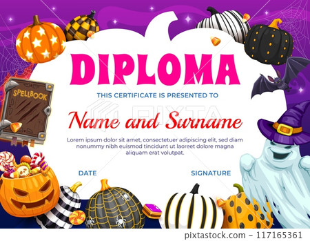 Halloween kids diploma with holiday sweets bucket, candies and patterned pumpkins. Kids education achievement vector diploma or certificate, Halloween party award with pumpkins, candies and ghost 117165361