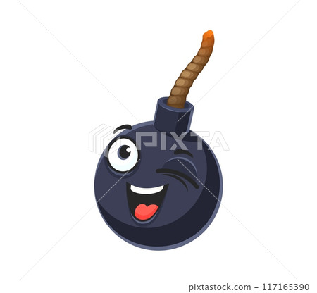Cartoon bomb character. Isolated vector cheeky bomb smile. Explosive weapon personage with wick or fuse winks its eye with a mischief, exuding a playfulness and hinting at potential explosive surprise 117165390