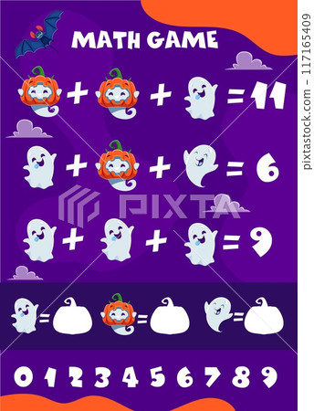Math game worksheet. Cute Halloween kawaii ghosts characters and numbers equation vector puzzle. Kids education logic quiz game with cartoon Halloween holiday ghost personages, pumpkins and bats 117165409