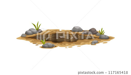 Ground hole, deep dirty pit and burrow in earth, cartoon vector underground dig. Hole in soil or pit hollow and underground burrow of groundhog or mole in soil with grass and dirty stones on edges Ground hole, deep dirty pit and burrow in earth, cartoon vector underground dig. Hole in soil or pit hollow and underground burrow of groundhog or mole in soil with grass and dirty stones on edges 117165418