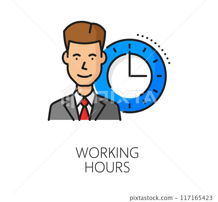 Recruitment working hours, business career opportunity color line icon. Human resources service outline sign, head hunter recruitment and employment linear vector icon with businessman and clock Recruitment working hours, business career opportunity color line icon. Human resources service outline sign, head hunter recruitment and employment linear vector icon with businessman and clock 117165423