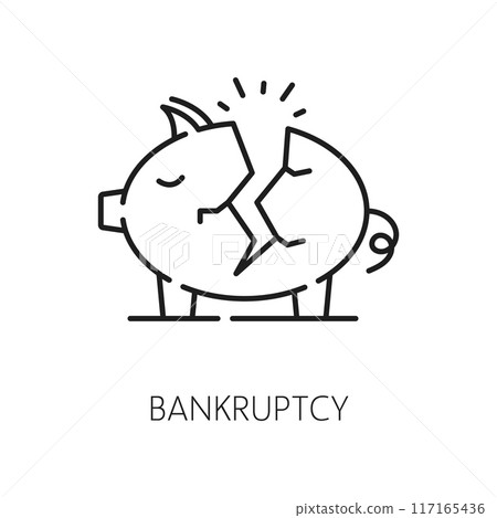 Bankruptcy, economic crisis and money loss line icon. Business money loss, company bankruptcy gander or economic recession risk outline vector icon. Financial problem symbol with broken piggybank Bankruptcy, economic crisis and money loss line icon. Business money loss, company bankruptcy gander or economic recession risk outline vector icon. Financial problem symbol with broken piggybank 117165436