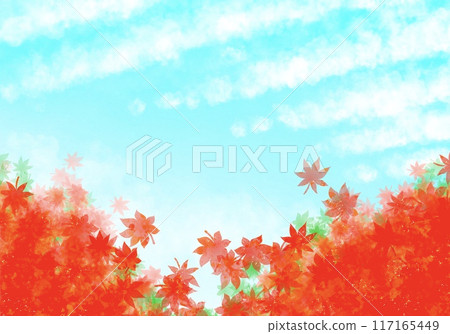 Watercolor illustration of vibrant autumn leaves and autumn sky 117165449