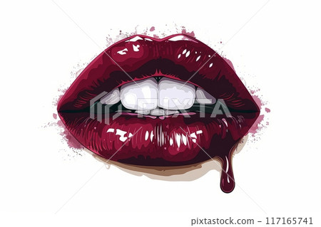 Bold Red Lips With Glossy Shine and Dripping Color Against White Background 117165741