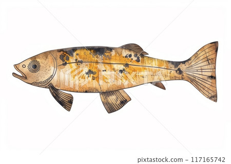 Illustration of a multicolored trout in wood style 117165742