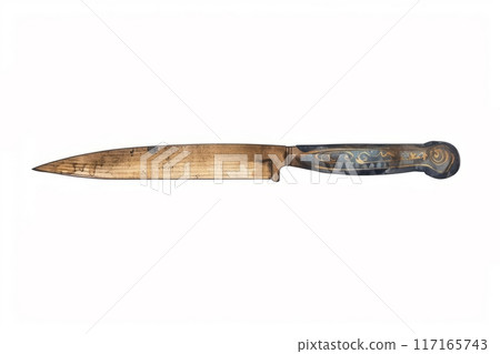 Vintage Rusted Knife With Intricate Handle Design Displayed on a Neutral Background 117165743