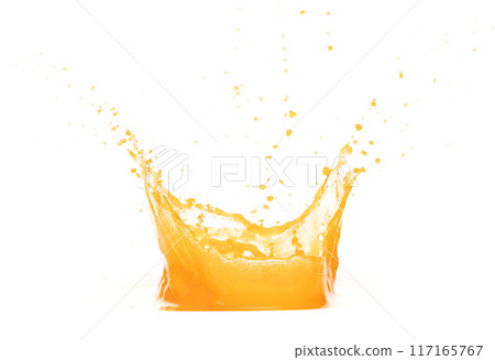 Orange Mango Juice pouring and splash as crown water. Orange Mango Juice explode bubble splash in mid air. Orange juice element water. White background isolated photography 117165767
