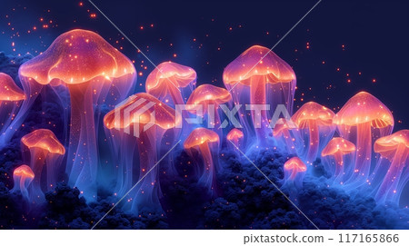 Magical luminescent mushrooms cluster with a white background. Magical luminescent mushrooms cluster with a white background. 117165866