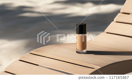 A bottle of liquid foundation is placed on an empty wooden sunbed. A bottle of liquid foundation is placed on an empty wooden sunbed. 117165867