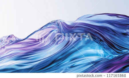 Smooth curves and lines of blue and purple gradient glass suspended in the air.	 117165868