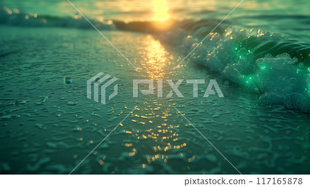 Emerald green water flows on the beach. 117165878