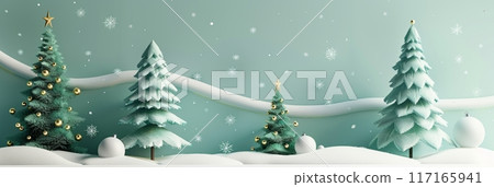 Winter landscape with snow drifts and snowy fir trees 117165941