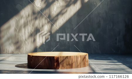 Minimal round wooden stump stage for show product. An empty product display scene. 117166126