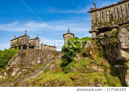 The communitarian granaries, called espigueiros, in the village of Soajo, Peneda National Park, Northern Portugal The communitarian granaries, called espigueiros, in the village of Soajo, Peneda National Park, Northern Portugal 117166185