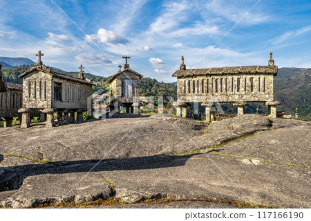 The communitarian granaries, called espigueiros, in the village of Soajo, Peneda National Park, Northern Portugal 117166190