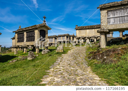 The communitarian granaries, called espigueiros, in the village of Lindoso, Peneda National Park, Northern Portugal 117166195