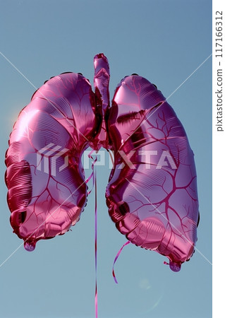 Pink foil balloon in the shape of simplistic lungs on a clear sky background. Pink foil balloon in the shape of simplistic lungs on a clear sky background. 117166312