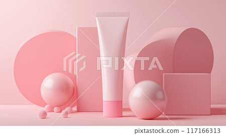 Abstract pink background with a cosmetic tube mockup and spheres. Abstract pink background with a cosmetic tube mockup and spheres. 117166313