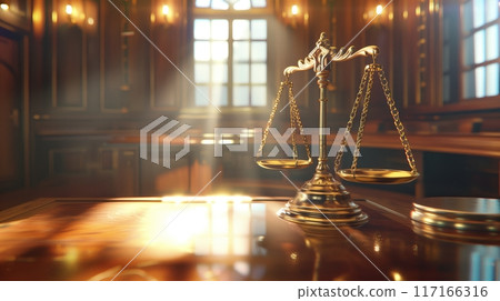 Scales on table in the modern courtroom. Scales on table in the modern courtroom. 117166316