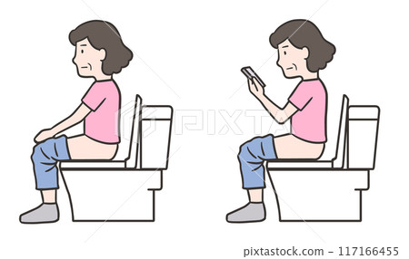 Set illustration of a woman sitting on the toilet and a middle-aged woman looking at her smartphone in the toilet 117166455