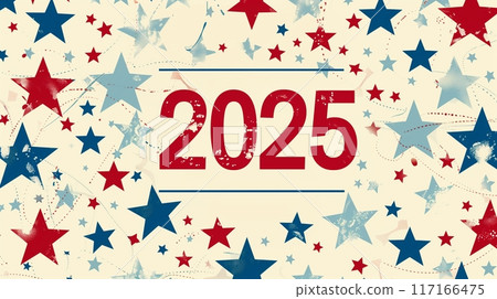 The number 2025 in the middle of red and dark blue stars on a light cream background. The number 2025 in the middle of red and dark blue stars on a light cream background. 117166475