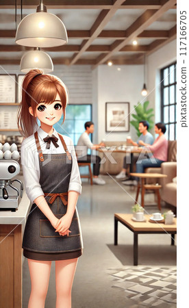 A cheerful barista cartoon character working at a cafe 117166705