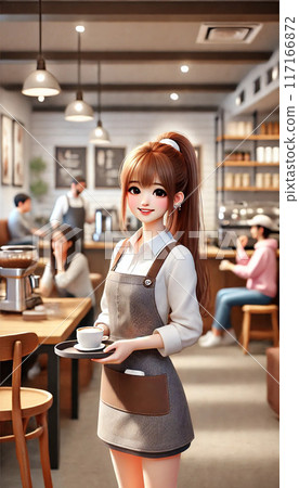 在咖啡館工作的微笑女職員 — 友善的客戶服務場景 117166872