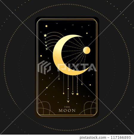 Golden Tarot card of Major Arcana the Moon. Shiny crescent decorated with chains and stars. Tarot symbolism. Mystery, astrology, esoteric. Vector illustration 117166893