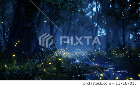A picture of fireflies on a lawn dispelling the darkness with their ethereal glow 117167015