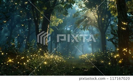 The brilliant lawn is filled with fireflies, chasing away the night with their light 117167020