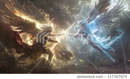 A grand clash between humans and heavenly entities, steeped in spiritual significance 117167074