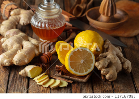 Ingredients for preparing ginger tea. Ingredients for preparing ginger tea. 117167085