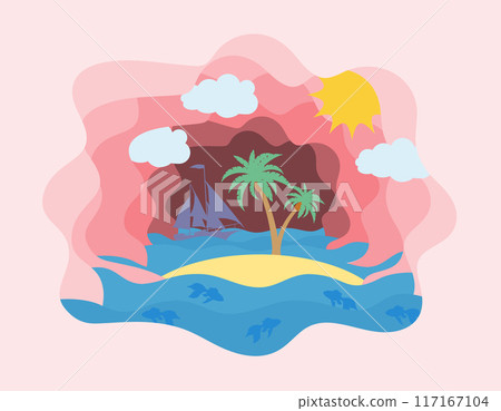 summer sea view sky and beach paper cut art banner vector illustration flat style summer sea view sky and beach paper cut art banner vector illustration flat style 117167104