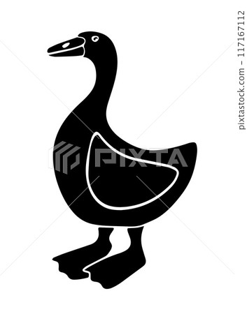 Vector isolated illustration of domestic fowl goose. Black and white silhouette of a goose. Vector isolated illustration of domestic fowl goose. Black and white silhouette of a goose. 117167112