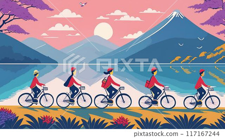 Tourists cycling near the lake 117167244