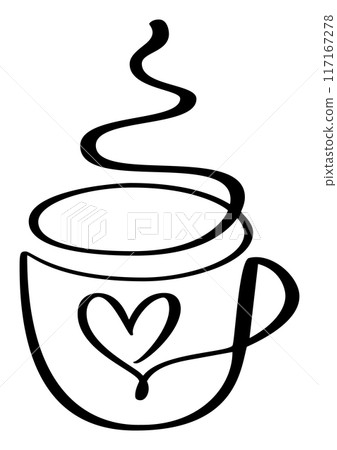 One continuous single line of hand drawn with cup of coffee decorated with heart symbol. Love romantic valentines Day vector logo icon isolated on white background 117167278