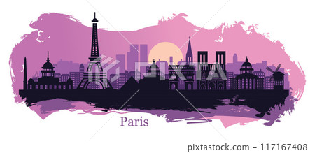 Stylized Landscape of Paris with Eiffel Tower, Arc de Triomphe, and Notre Dame Cathedral 117167408
