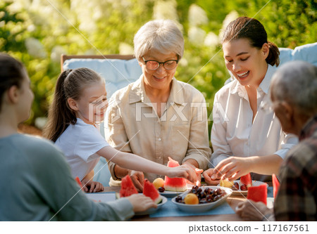 family spending time together in summer morning 117167561