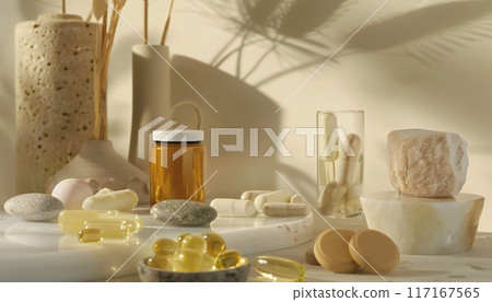 A vivid display of organic supplements emphasizing their importance for health 117167565