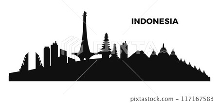 Silhouette of Indonesian City with Buildings, National Monument, and Temple	 117167583
