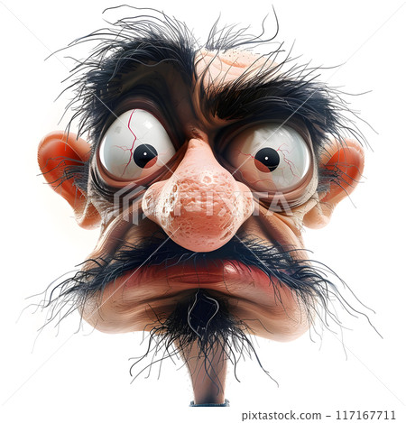 Whimsical cartoon character stands alone, showcasing an array of exaggerated facial features that evoke humorous yet serious expression.  117167711