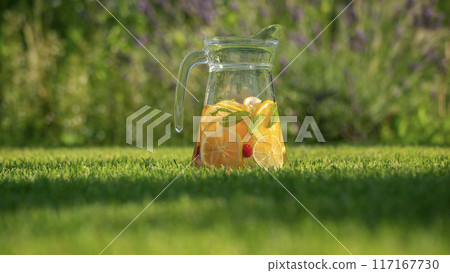 Pitcher of citrus lemonade on the green grass in a garden with flowers in the background 117167730