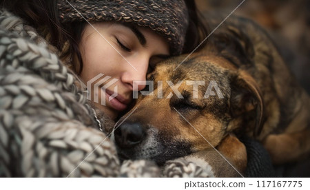 Image of a dog hugging or caressing its owner 117167775