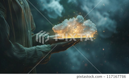 A man is holding a tablet with a glowing cloud symbol above it. Generative AI A man is holding a tablet with a glowing cloud symbol above it. Generative AI 117167786
