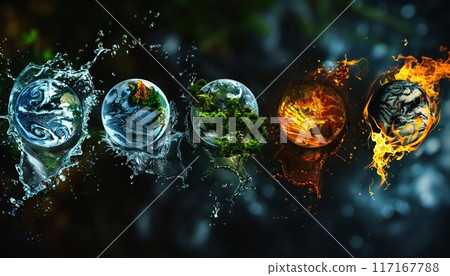 The image of the five components of the natural world is water, fire, earth, space and creation 117167788
