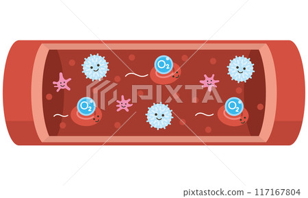 Cells flowing through blood vessels: Red blood cells carrying O2 (oxygen) (no text) Cells flowing through blood vessels: Red blood cells carrying O2 (oxygen) (no text) 117167804